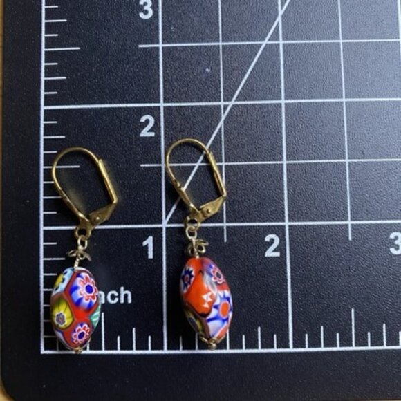 Vintage Millefiori Oval Bead Earrings Leverback Yellow Gold Plated Caps 1-5/8" - Picture 4 of 4